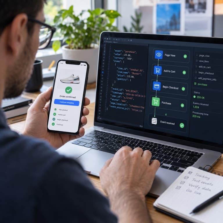 Tracking specialist verifying purchase events from a phone on a laptop