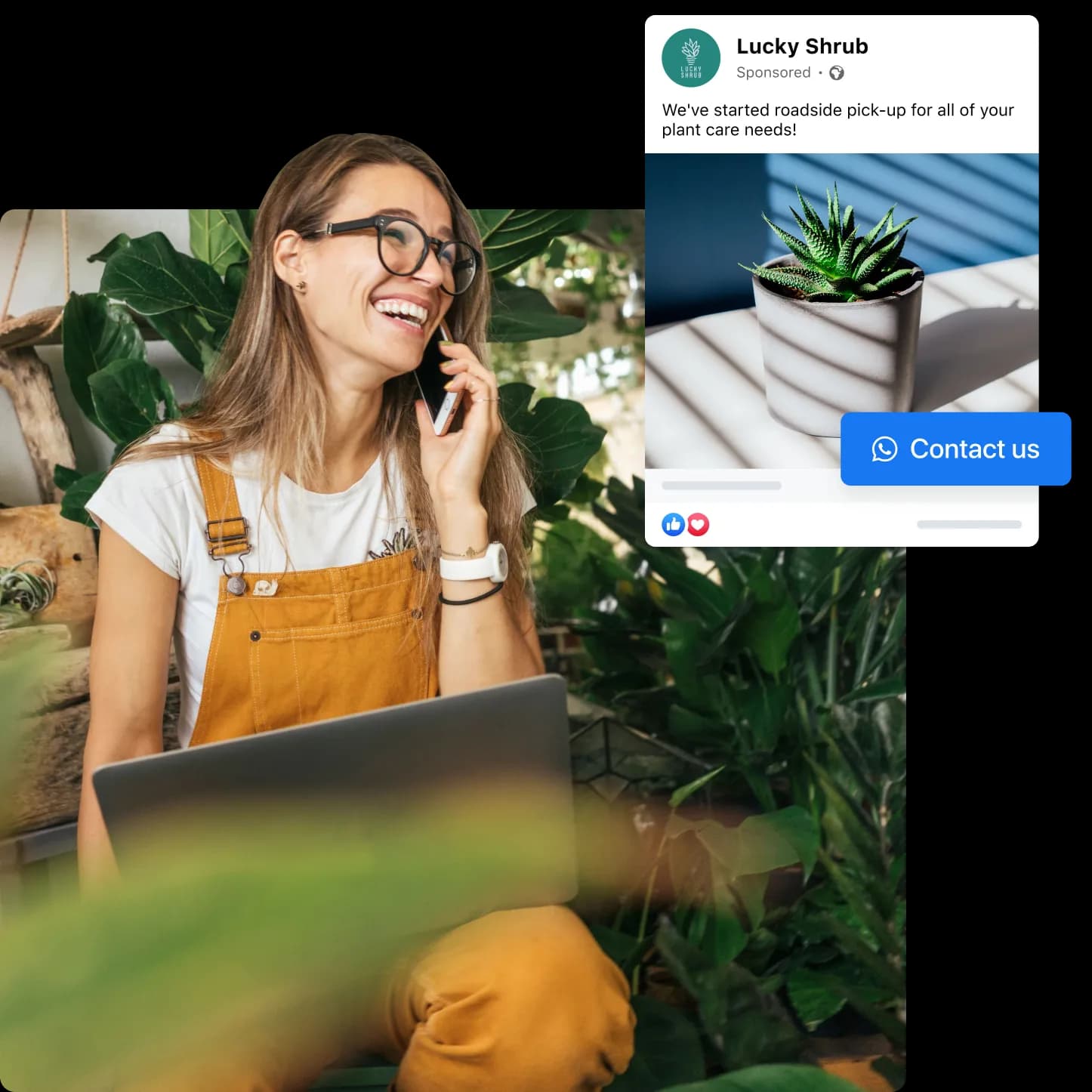 Business owner on a call beside a social ad with a contact button