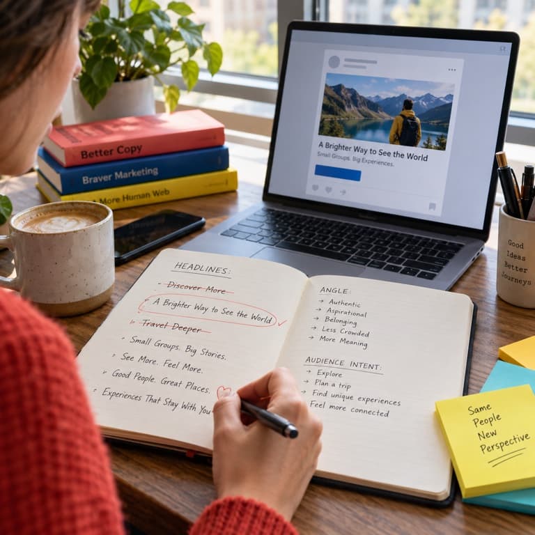 Copywriter refining advertising headlines beside a campaign mockup