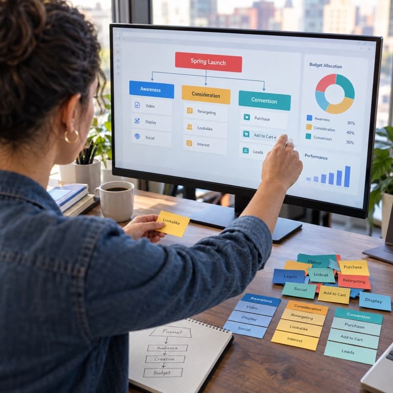 Media buyer organizing campaign groups and budget allocation at a workstation