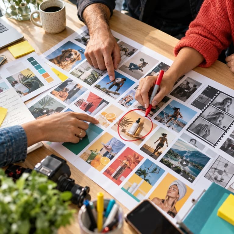 Creative team selecting concepts from a colorful advertising moodboard