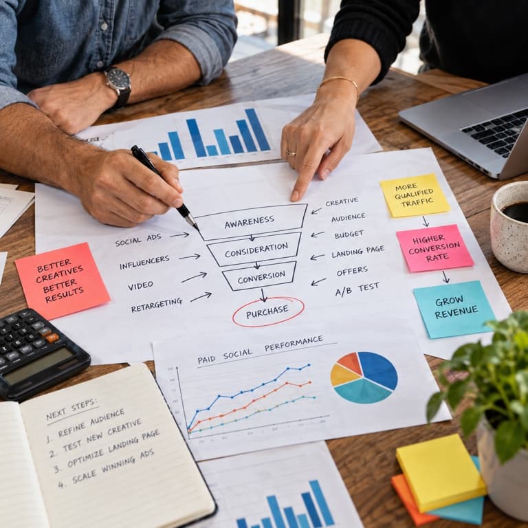 Strategists mapping an acquisition funnel with campaign performance charts