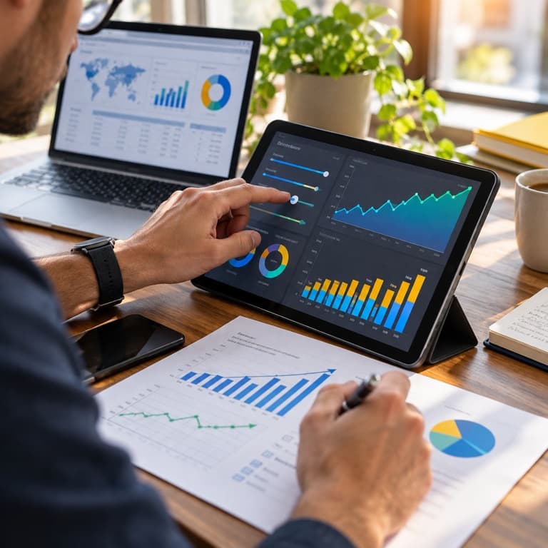 Performance analyst adjusting campaign controls while reviewing growth charts