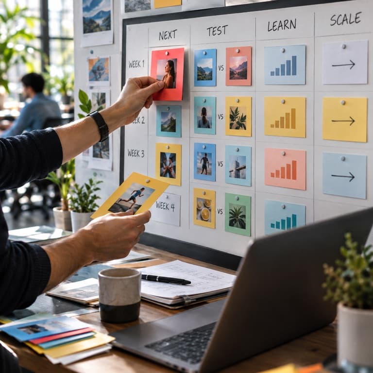 Marketer arranging creative variants into a structured testing roadmap